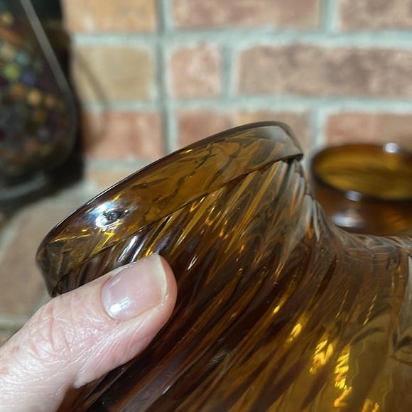 Vtg Hand Blown Amber Optic Swirl Glass Vase Trinket Bowl Set of 2 - Picture 4 of 11